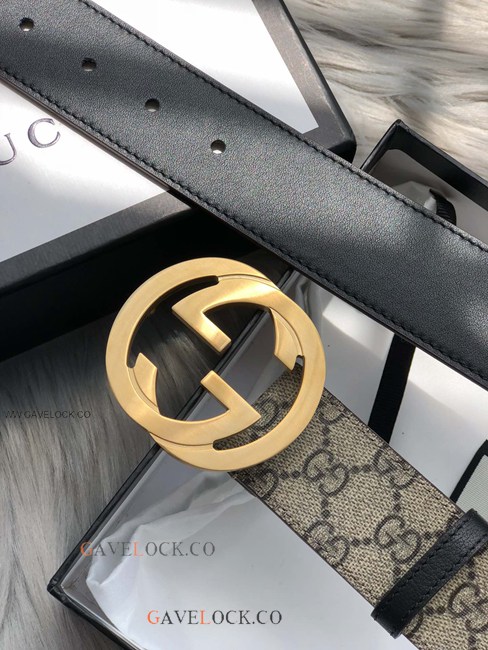 Gucci Black Leather Belt PVC Brown Monogram Brass Buckle